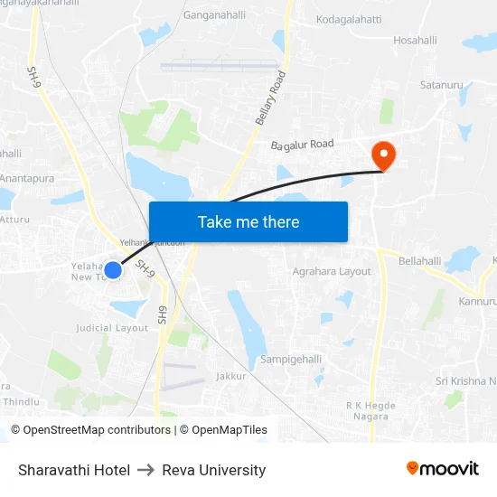 Sharavathi Hotel to Reva University map