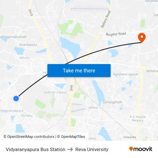 Vidyaranyapura Bus Station to Reva University map