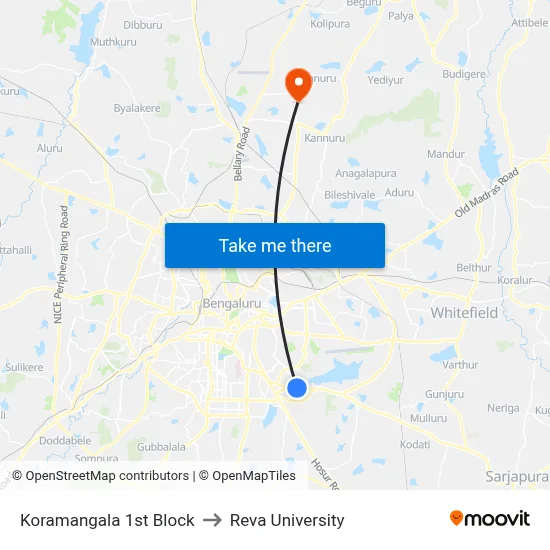 Koramangala 1st Block to Reva University map