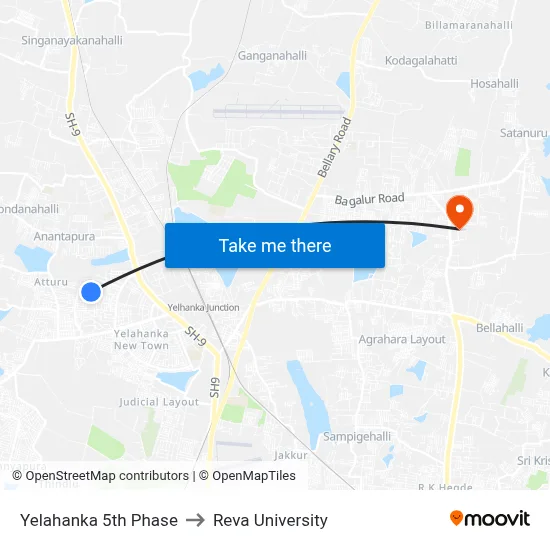 Yelahanka 5th Phase to Reva University map
