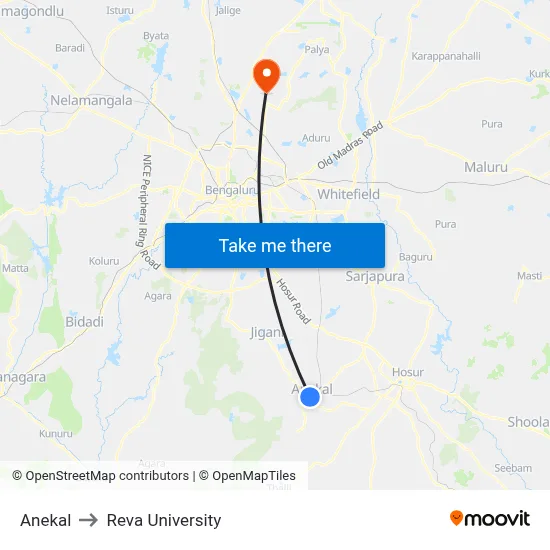 Anekal to Reva University map
