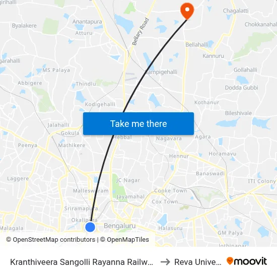 Kranthiveera Sangolli Rayanna Railway Station to Reva University map