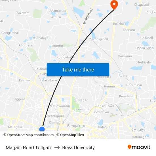 Magadi Road Tollgate to Reva University map