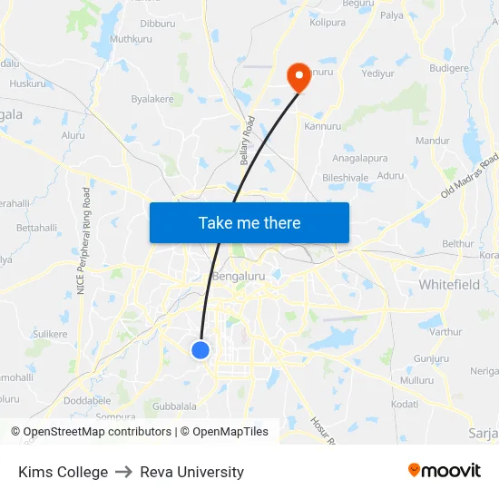 Kims College to Reva University map