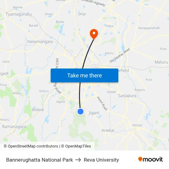 Bannerughatta National Park to Reva University map