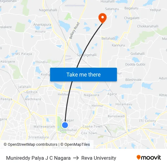 Munireddy Palya J C Nagara to Reva University map