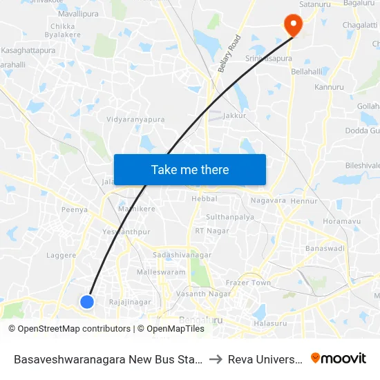 Basaveshwaranagara New Bus Stand to Reva University map