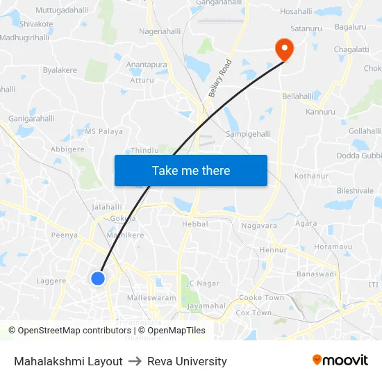 Mahalakshmi Layout to Reva University map