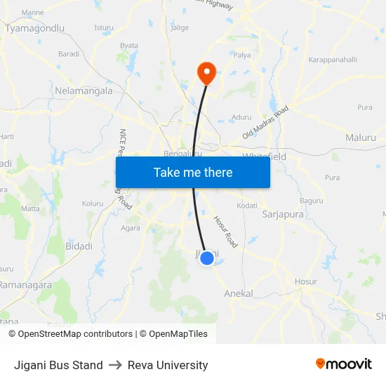 Jigani Bus Stand to Reva University map