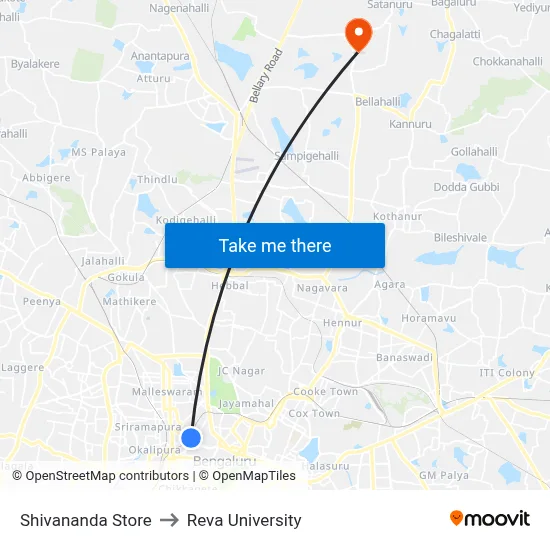 Shivananda Store to Reva University map