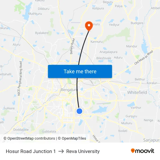 Hosur Road Junction 1 to Reva University map