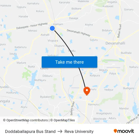 Doddaballapura Bus Stand to Reva University map