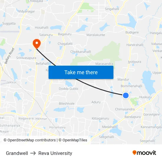 Grandwell to Reva University map