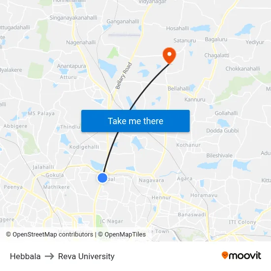 Hebbala to Reva University map