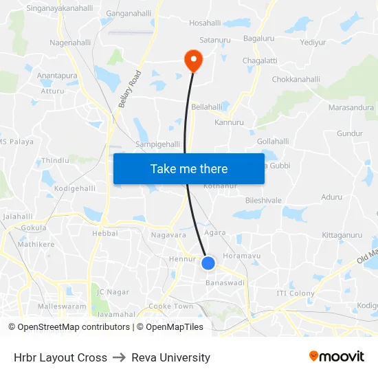 Hrbr Layout Cross to Reva University map