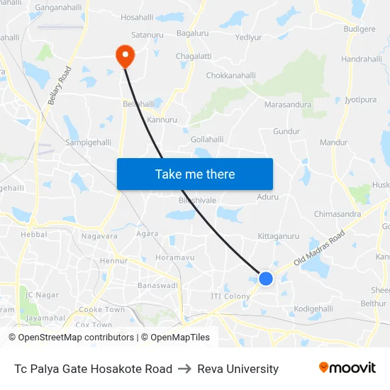 Tc Palya  Gate Hosakote Road to Reva University map
