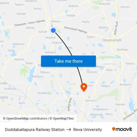 Doddaballapura Railway Station to Reva University map