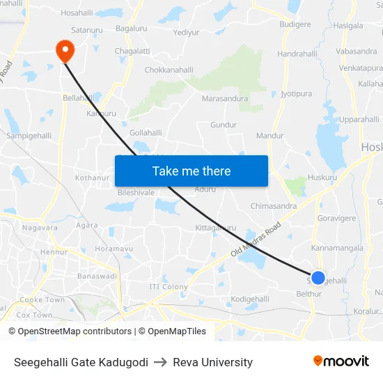 Seegehalli Gate Kadugodi to Reva University map
