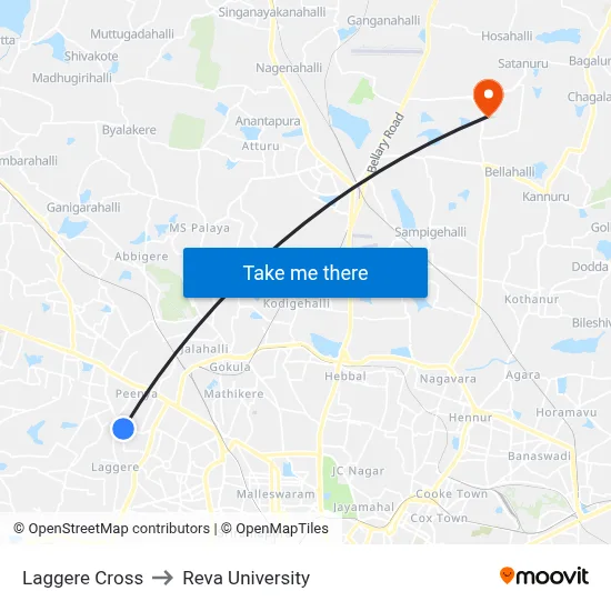 Laggere Cross to Reva University map