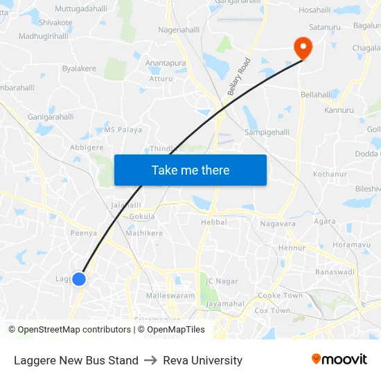 Laggere New Bus Stand to Reva University map