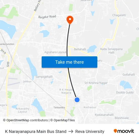 K Narayanapura Main Bus Stand to Reva University map