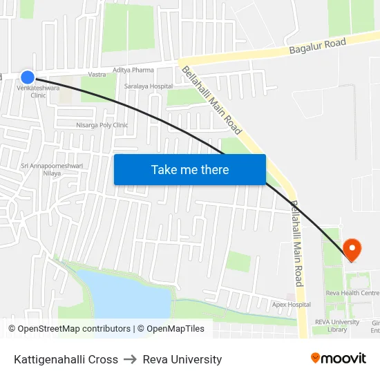 Kattigenahalli Cross to Reva University map