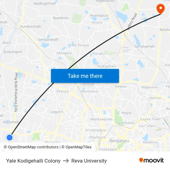 Yale Kodigehalli Colony to Reva University map