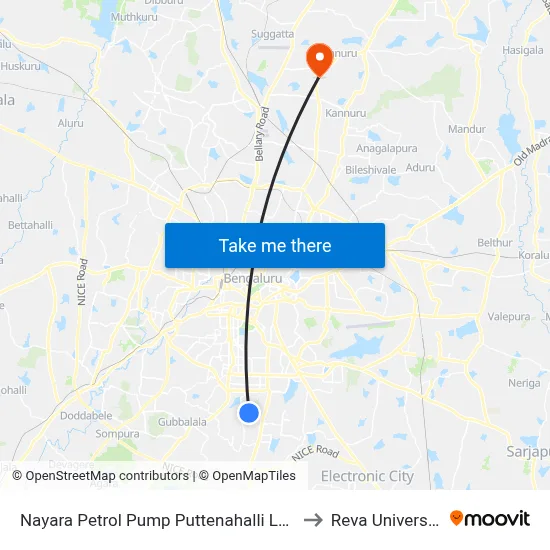 Nayara Petrol Pump Puttenahalli Lake to Reva University map