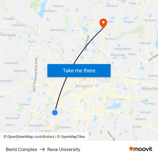Beml Complex to Reva University map
