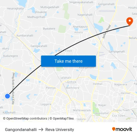 Gangondanahalli to Reva University map