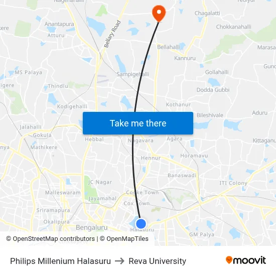 Philips Millenium Halasuru to Reva University map