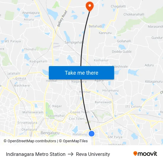 Indiranagara Metro Station to Reva University map