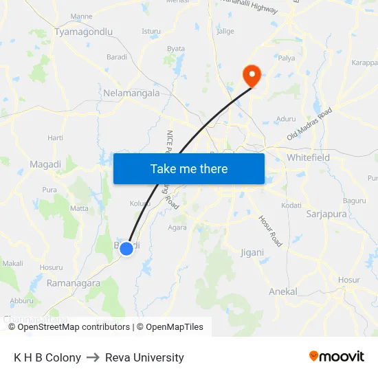 K H B Colony to Reva University map