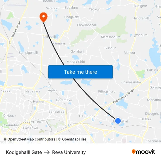 Kodigehalli Gate to Reva University map