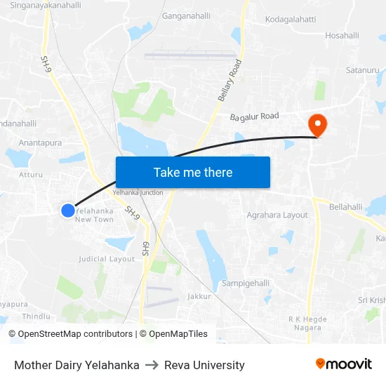 Mother Dairy Yelahanka to Reva University map