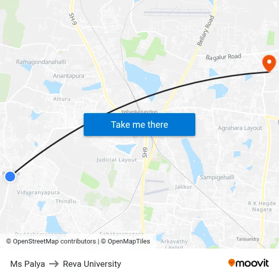 Ms Palya to Reva University map