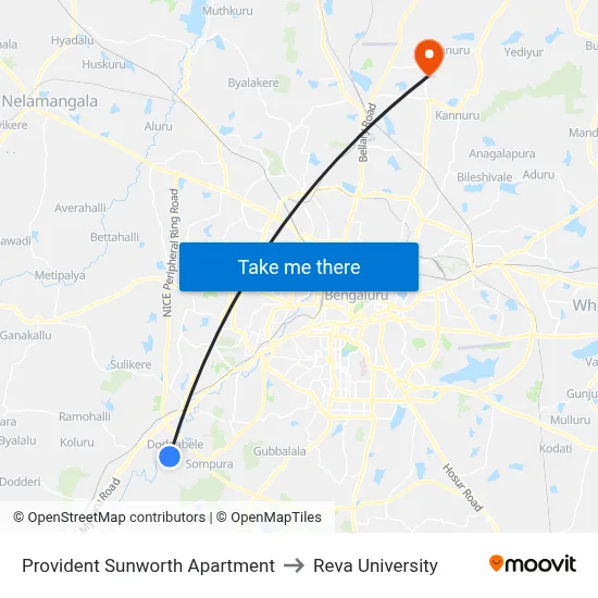 Provident Sunworth Apartment to Reva University map