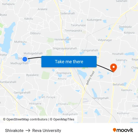 Shivakote to Reva University map