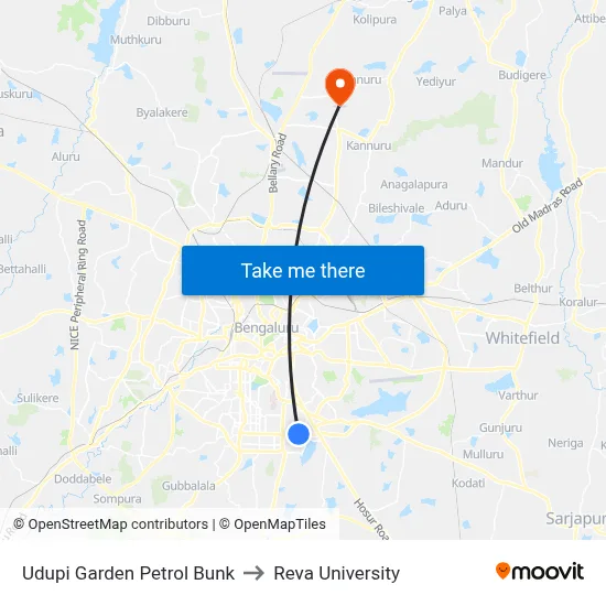 Udupi Garden Petrol Bunk to Reva University map