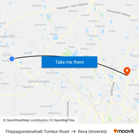 Thippagondanahalli Tumkur Road to Reva University map