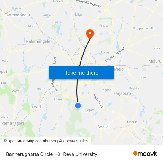Bannerughatta Circle to Reva University map