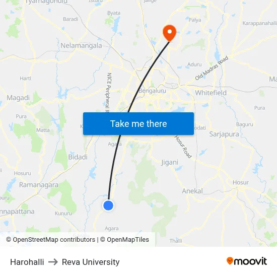 Harohalli to Reva University map