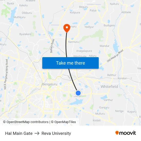 Hal Main Gate to Reva University map