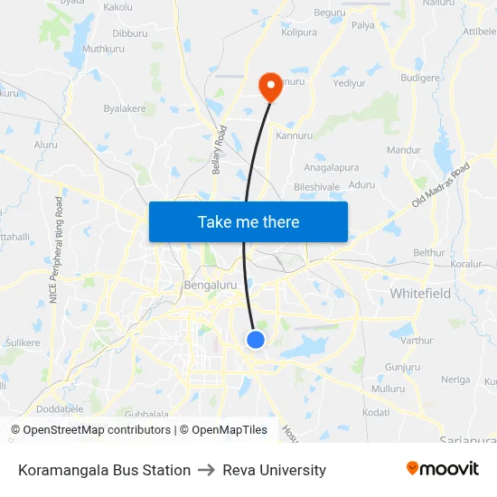 Koramangala Bus Station to Reva University map