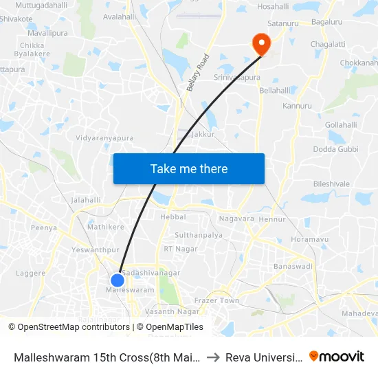 Malleshwaram 15th Cross(8th Main) to Reva University map