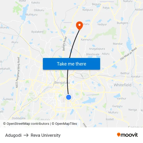 Adugodi to Reva University map