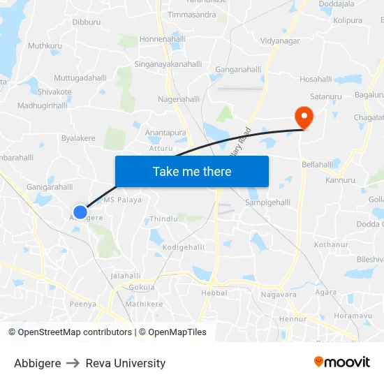 Abbigere to Reva University map