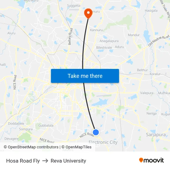 Hosa Road Fly to Reva University map