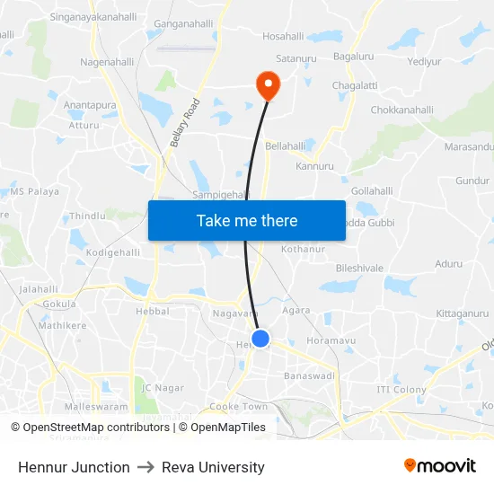 Hennur Junction to Reva University map