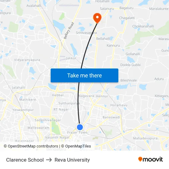 Clarence School to Reva University map